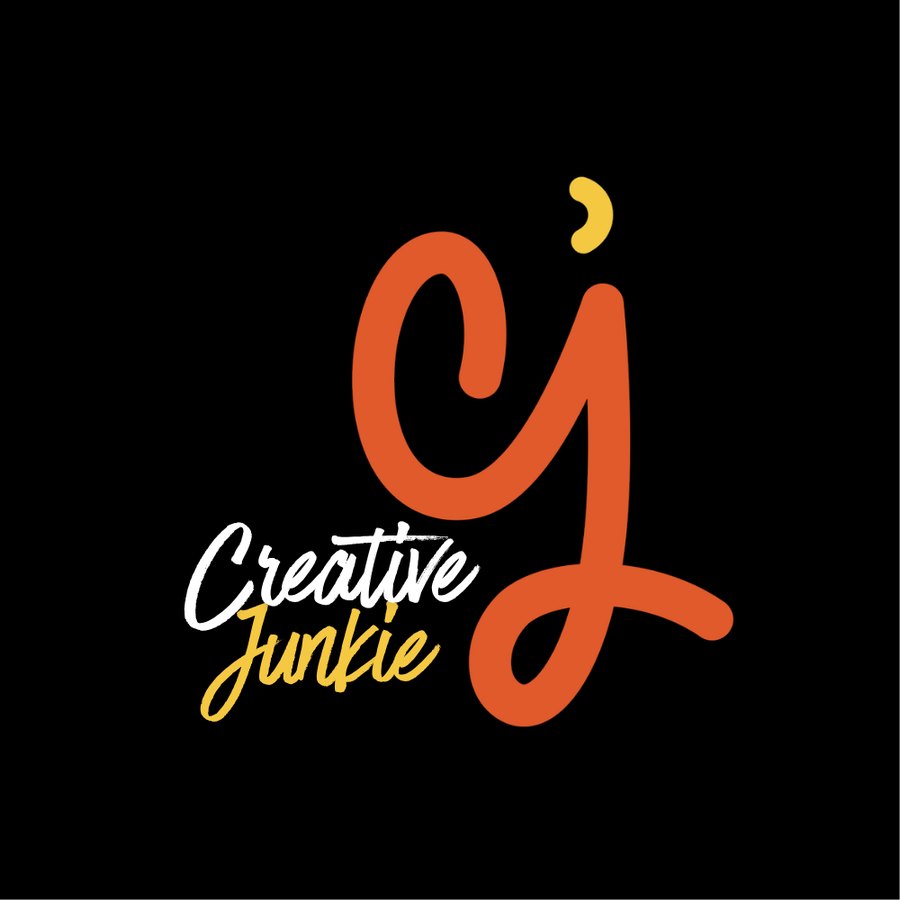 Creative Junkie logo in black: orange doodle with white and yellow lettering